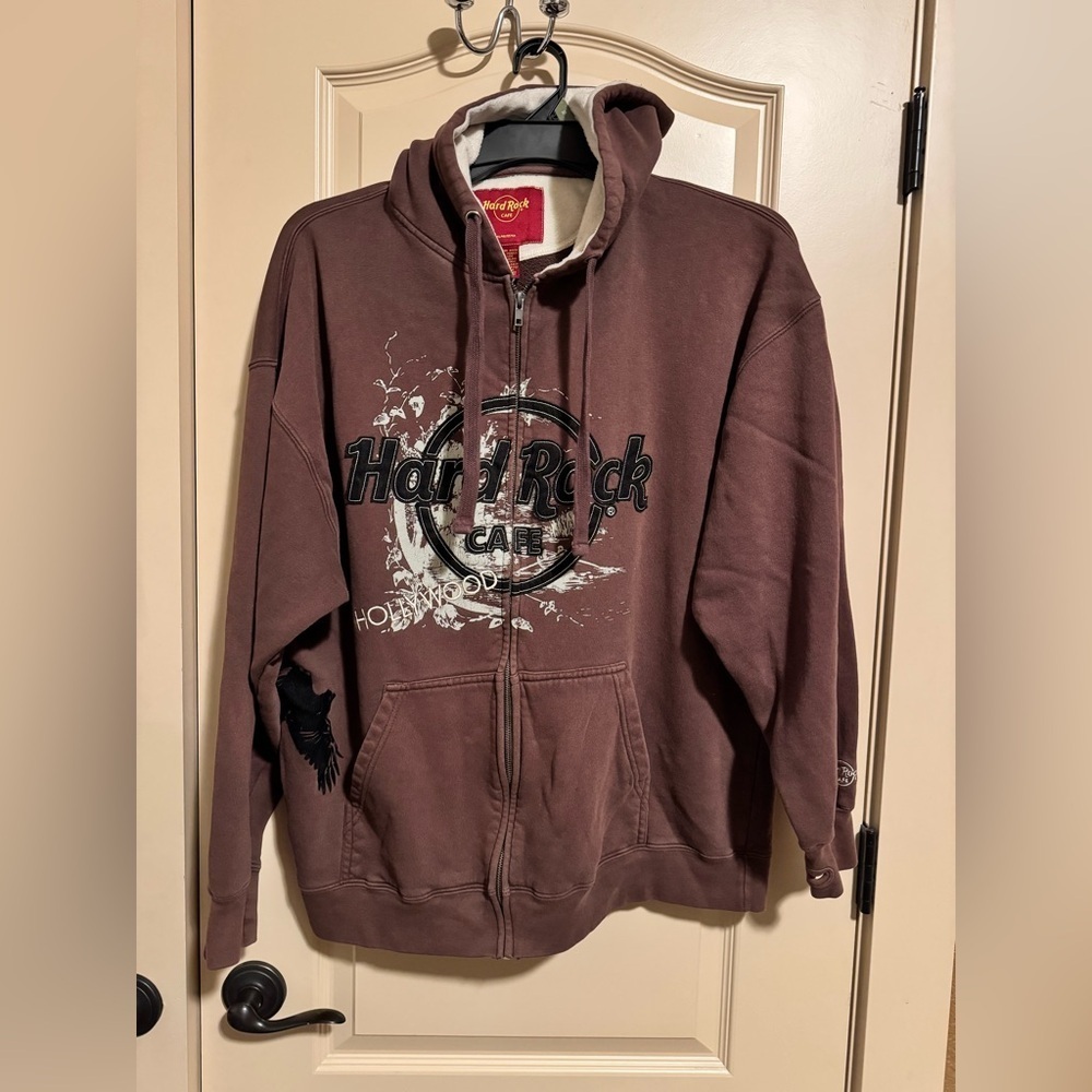 Vintage XL Brown Hard Rock Cafe Hollywood Zip-Through Hoodie